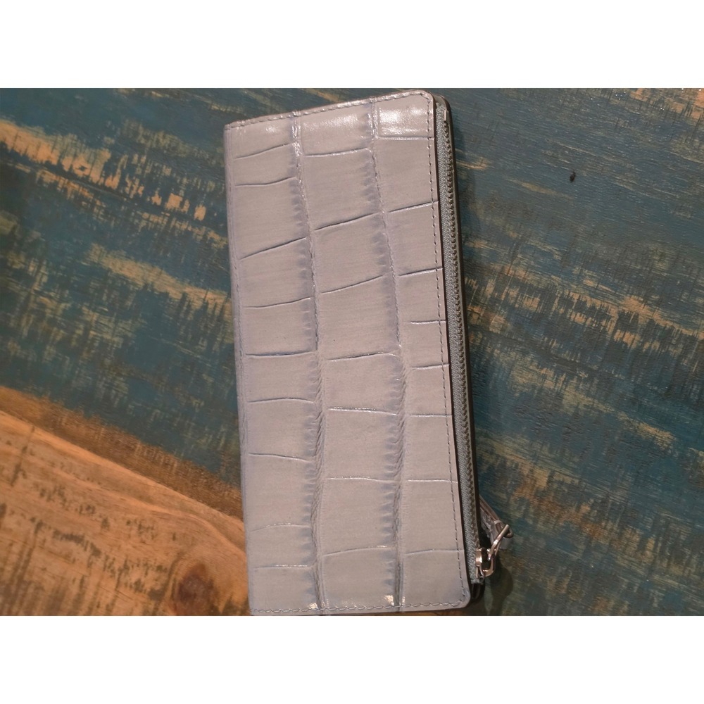 Tory Burch Light Blue Croc Embossed Leather Slim Long Wallet Silver Logo - Picture 5 of 6